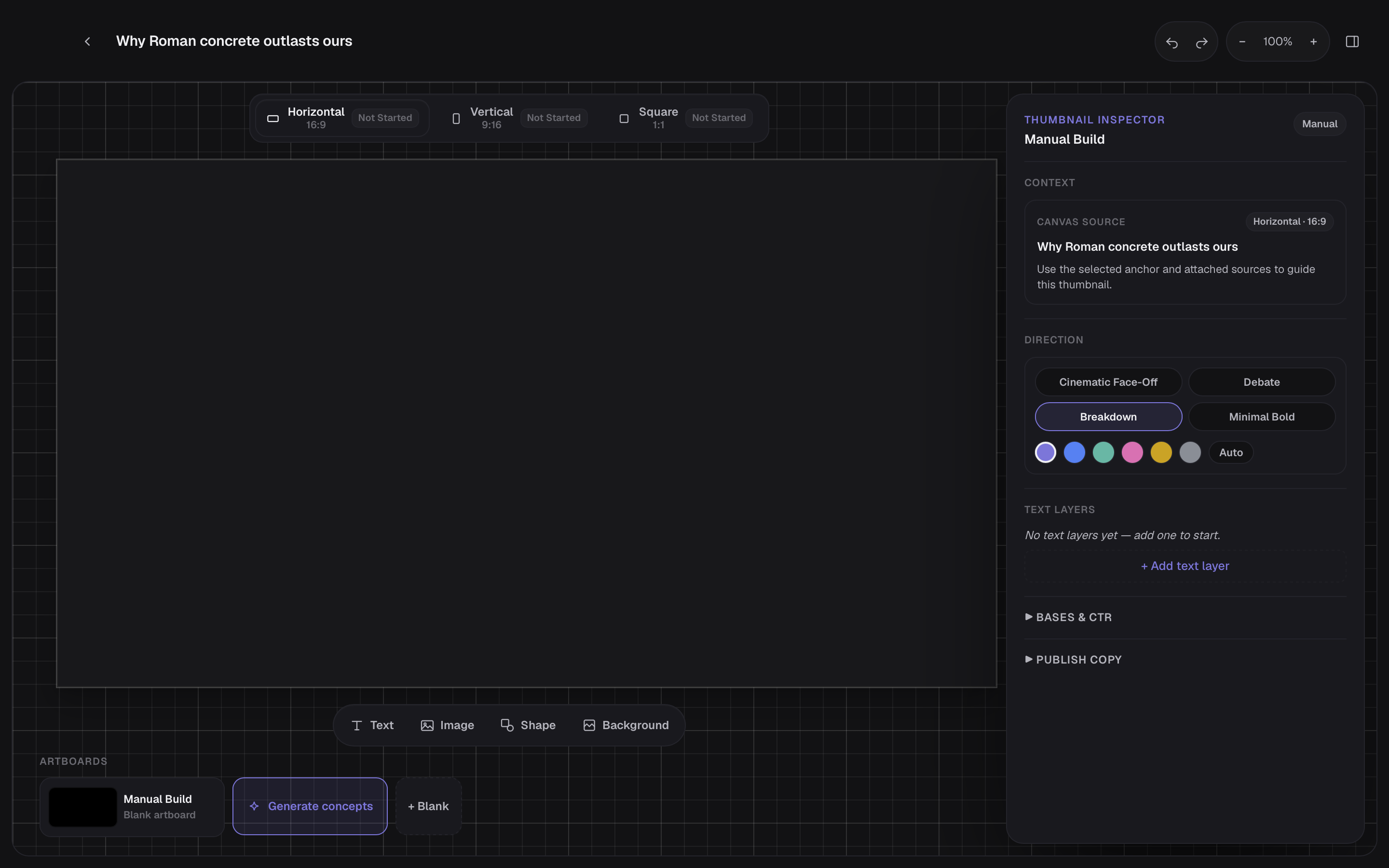 Ayvlo's dark Thumbnail Studio with a horizontal artboard and manual direction controls